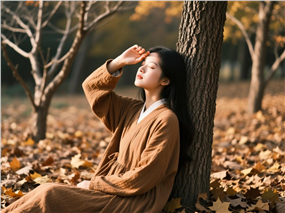 坐在树下闭目养神的美女图片